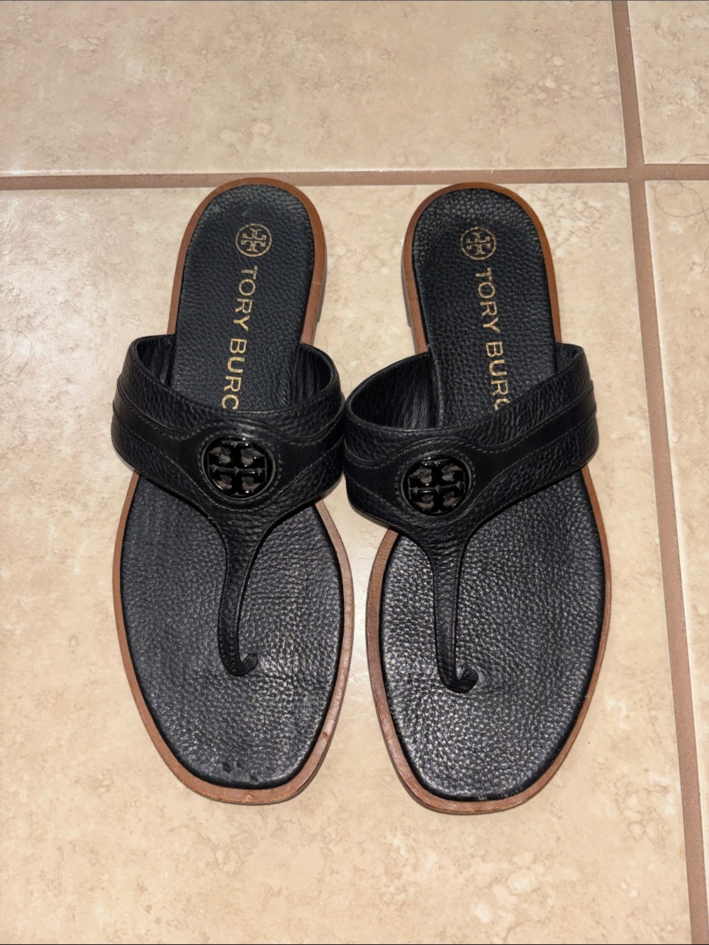 Tory Burch Black Logo Toe-Post Leather Sandals